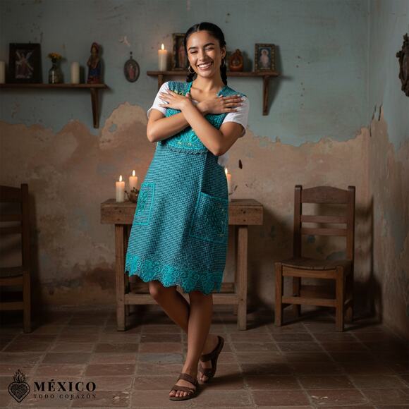 Turquoise Mexican Embroidered Apron – Standard Kitchen Apron Floral Embroidery - Picture 1 of 9